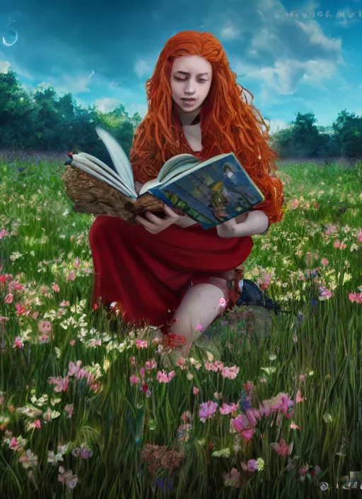 Image similar to An epic fantasy comic book style portrait painting of a young red headed girl reading a book in a field of flowers surrounded by bees, unreal 5, DAZ, hyperrealistic, octane render, cosplay, RPG portrait, dynamic lighting