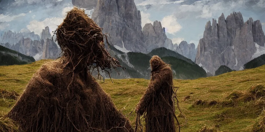 Image similar to alpine farmer transforming into a monster ,roots and hay coat, dolomites in background, dark, eerie, despair, portrait photography, artstation, digital art, concept art, artstation, highly detailed, sharp focus, by caravaggio