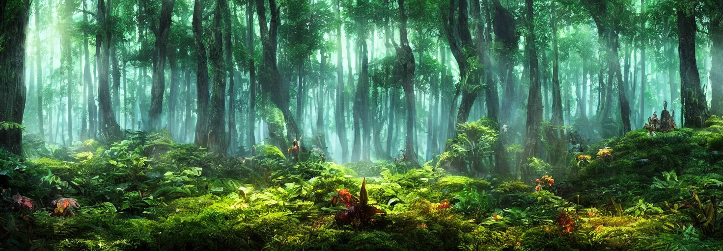 Prompt: a forest with glowing plants, wide shot, cinematic, ultra realistic, ultra detailed, in style of avatar movie