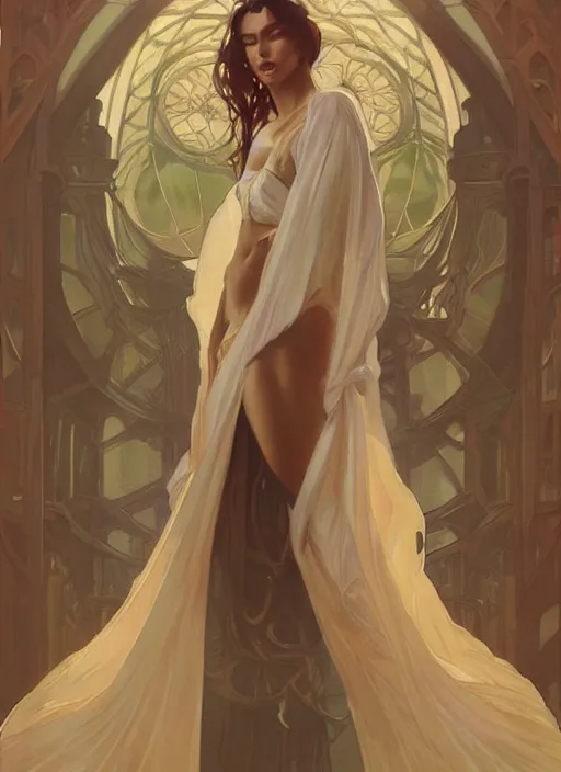 Image similar to julia regza wearing a silk robe, digital painting, artstation, concept art, sharp focus, illustration, art by artgerm and greg rutkowski and alphonse mucha