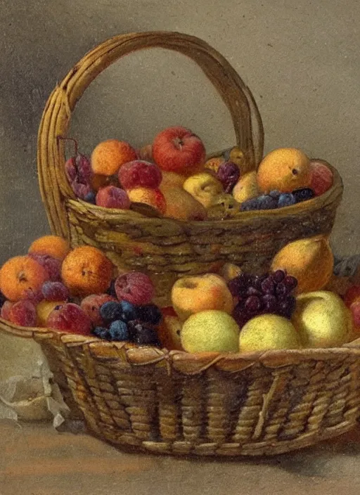 Image similar to a 1 9 th century oil sketch of a basket full of fruit. high quality scan