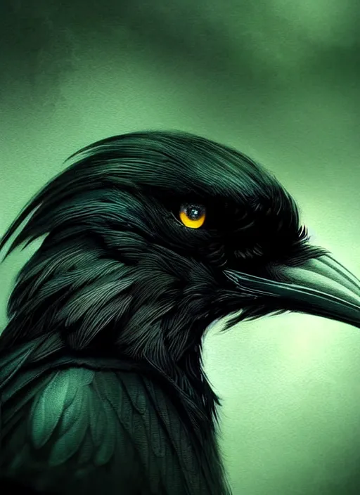 Image similar to side portrait dark crow (animal), close-up, fantasy forest landscape, moonshine, fantasy magic, nice black feather, proud, green dark light night, intricate, elegant, sharp focus, illustration, highly detailed, digital painting, concept art, matte, art by WLOP and Artgerm and Greg Rutkowski and Eddie Mendoza, masterpiece