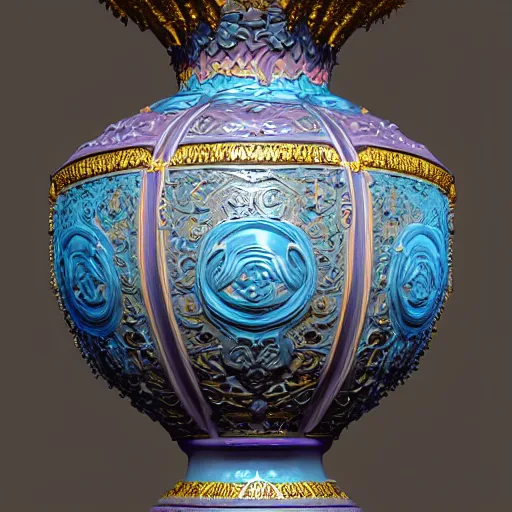 Prompt: An ornate baroque vase, violet, cerulean, sky blue, gold, silver, white black, volumetric dust rays, intricate detail, ultra realistic, cinematic lighting, moody, wet, shiny, octane render, art gallery