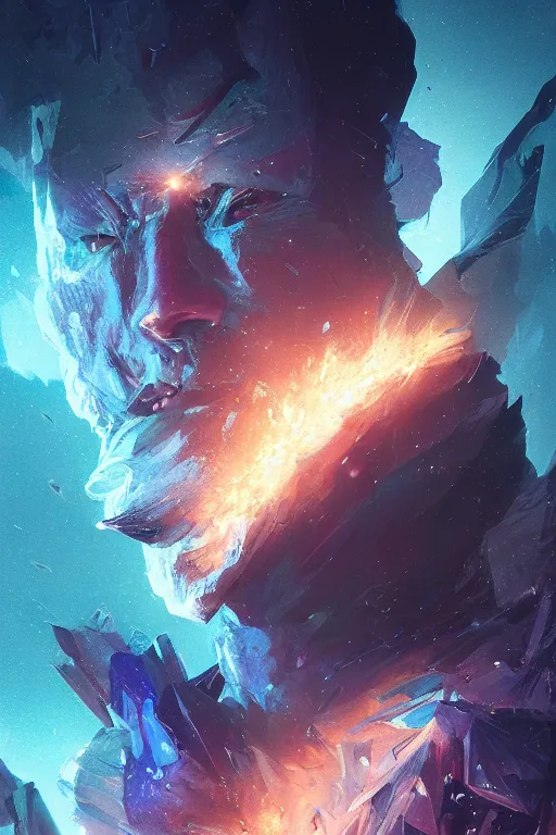 Prompt: A fancy portrait of a crystalized giant by Greg Rutkowski, beeple, Sung Choi, Mitchell Mohrhauser, Maciej Kuciara, Johnson Ting, Maxim Verehin, Peter Konig, final fantasy, macro lens, 35mm, 8k photorealistic, cinematic lighting, HD, high details, dramatic, dark atmosphere, trending on artstation