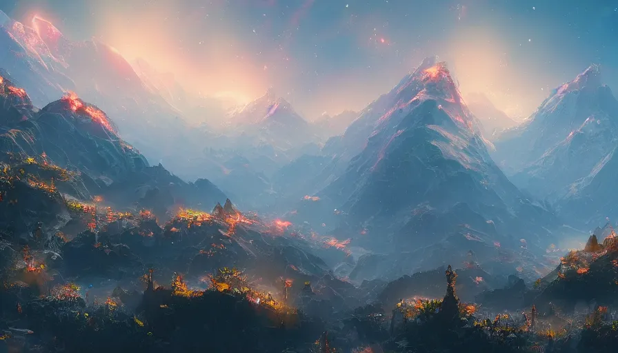 Prompt: beautiful flowery mountains, glow light at night, stars in the sky, villages with fireplaces, hyperdetailed, artstation, cgsociety, 8 k