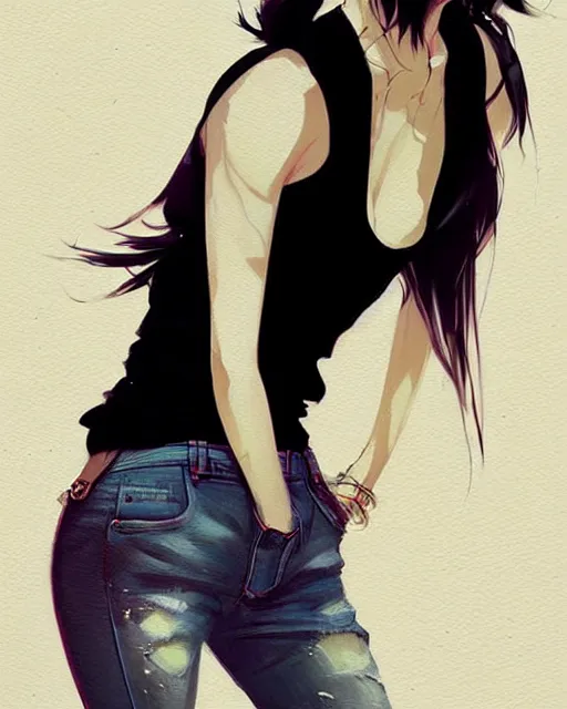 Prompt: a ultradetailed beautiful painting of a stylish woman in black tanktop and jeans, by conrad roset, greg rutkowski and makoto shinkai trending on artstation