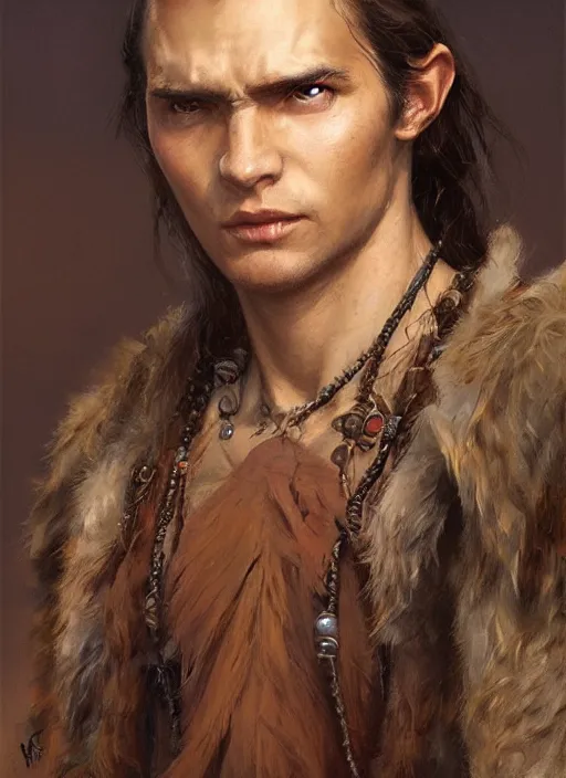 Image similar to a young shaman in his twenties with medium light brown hair tied back, a large forehead, a widows peak and a round face with high cheekbones as a realistic d & d fantasy character, portrait art by donato giancola and greg rutkowski, vintage retro, realistic face, digital art, trending on artstation