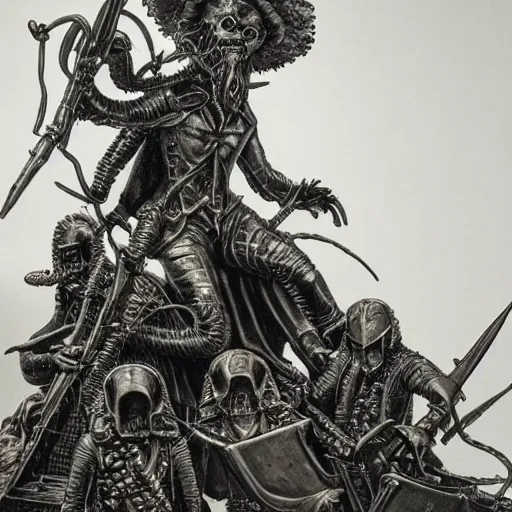 Image similar to Napoleonic Infantry, intricate artwork by Alan Moore, HR Giger, eldritch horror, lovecraft, hyperrealism, high detail, black and white, high contrast, depth of field