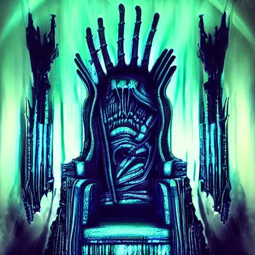 Image similar to a giger nightmare throne, dark neon colors shade glow backlit, evil throne of power, photo pic by realistic horror