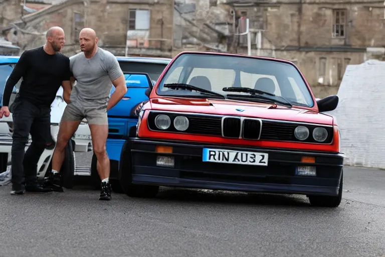 Image similar to Angry Jason Statham lifts BMW e30 that sits above him