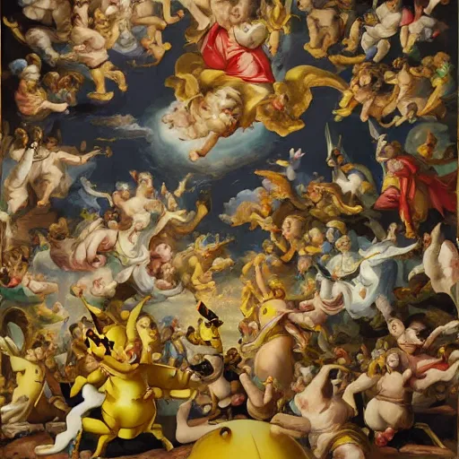 Image similar to Baroque painting of Pikachu invading Spain with a army of androids