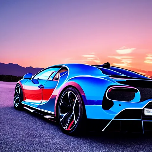 Image similar to synthwave bugatti chiron at sunset