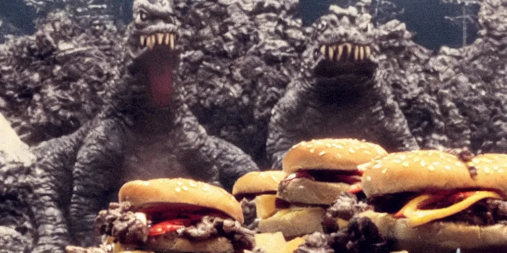 Image similar to photo of godzilla eating a giant pile of cheeseburgers with glee, funny, weird