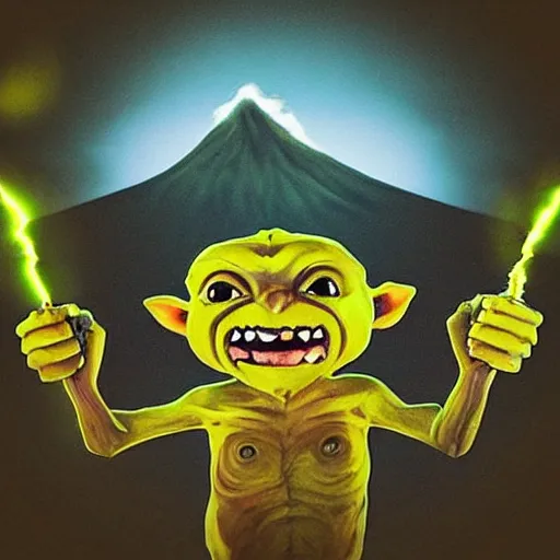 Image similar to “a goblin with brown skin and glowing yellow eyes with a volcano in the background”