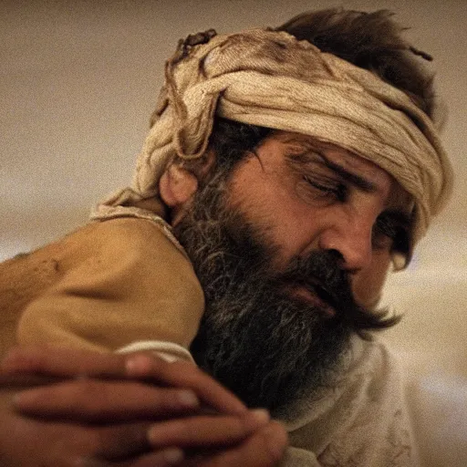 Image similar to cinematic still of depressed man with beard in ancient Canaanite clothing cradling a lamb, sad, anguished, somber, serious, directed by Terrence Malick