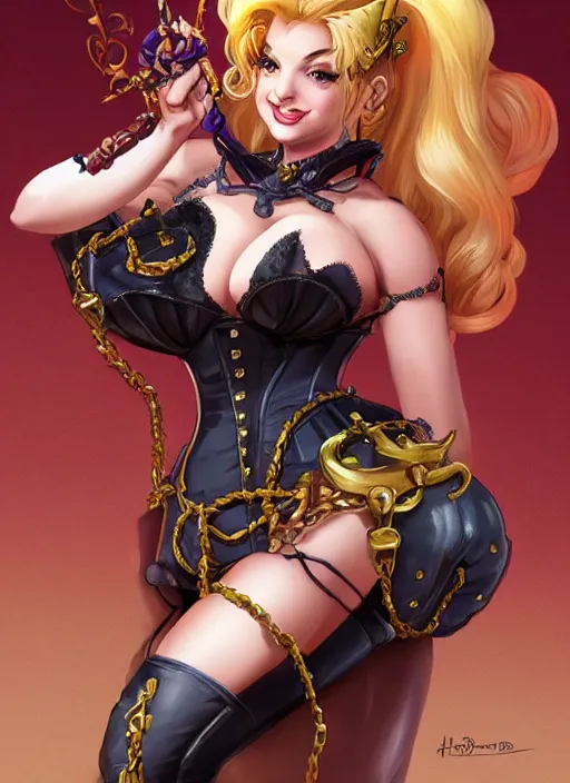 Image similar to Portrait of Bowsette in corset, big hornes and turtle tail, intricate body, whole body highly detailed, digital painting, artstation, concept art, smooth, sharp focus, illustration, art by Hajime Sorayama