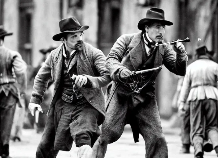 Image similar to an action scene from the movie gangs of new york, medium long shot, leonardo dicaprio and daniel day - lewis, sharp eyes, serious expressions, detailed and symmetric faces, black and white, cinematic, epic,