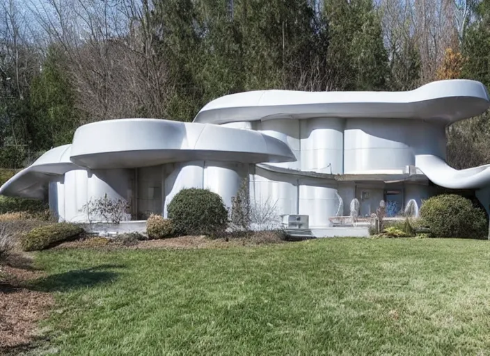 Image similar to zillow listing of a retro futuristic science fiction home for sale in the year 2400