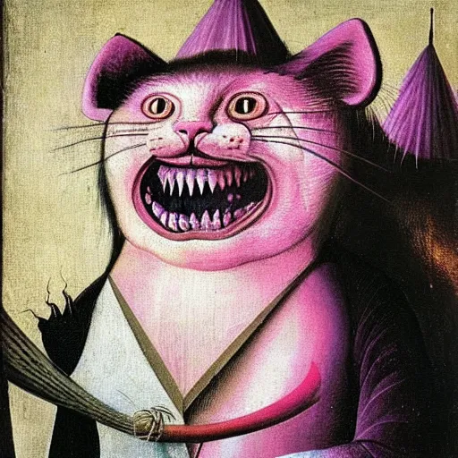 Image similar to portrait of the cat of cheshire bosch with pink and purple stripes and a huge malicious smile by hieronymus bosch. oil on wood