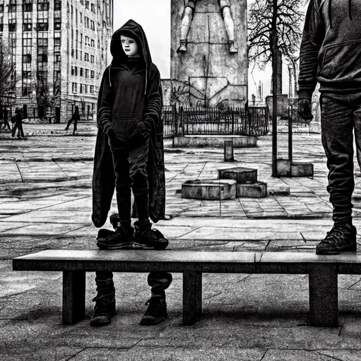 Image similar to sadie sink in hoodie sits on bench in ruined square, pedestrians walk by. background of old soviet monument and pedestrians. storyboard, scifi cyberpunk. by gabriel hardman, joe alves, chris bonura. cinematic atmosphere, detailed and intricate, perfect anatomy