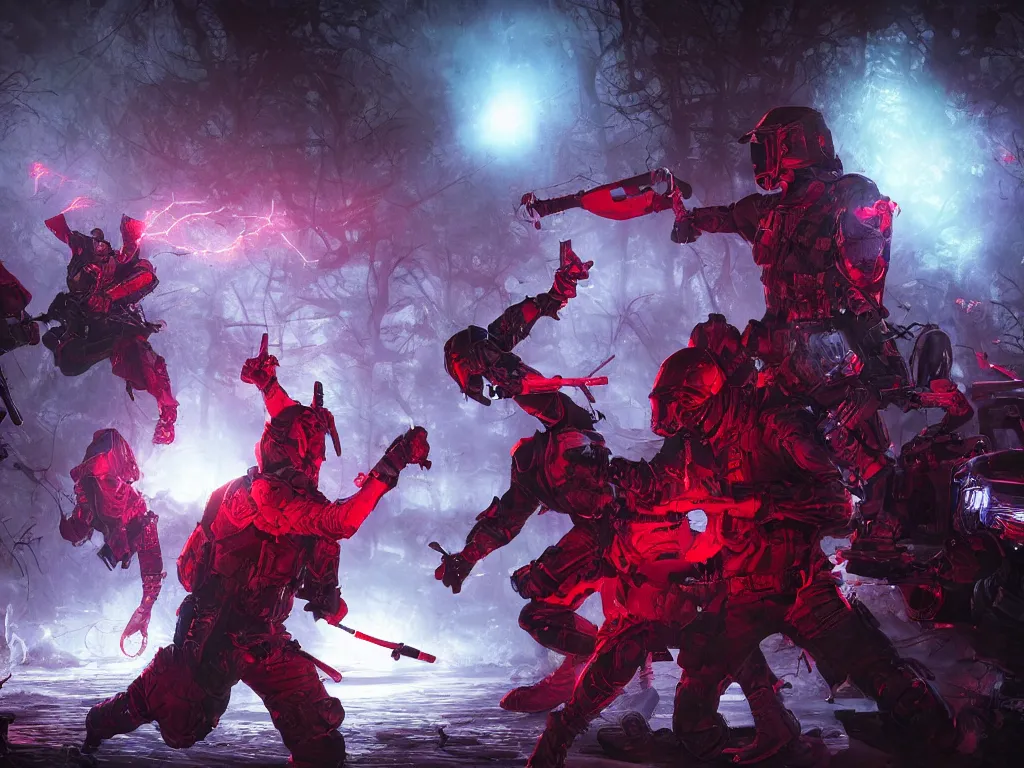 Prompt: tactical combat squad in red hoods fighting otherworldly monsters werewolves between the mystical foggy swamp. Style as if Dan Mumford and Steven Belledin make game in Unreal Engine, photorealism, colorful, finalRender iridescent fantasy concept art 8k resolution concept art ink drawing volumetric lighting bioluminescence, plasma, neon, brimming with energy, electricity, power, Colorful Sci-Fi Steampunk Biological Living, cel-shaded, depth, particles, lots of reflective surfaces, subsurface scattering