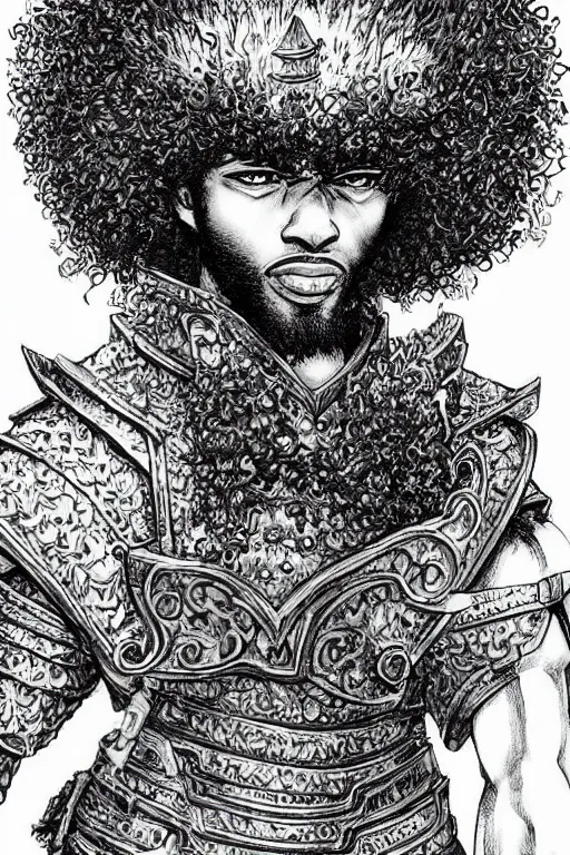 Image similar to black man with afro hair and raspy beard stubble as a knight, highly detailed, anatomically correct, black and white, manga, art by kentaro miura