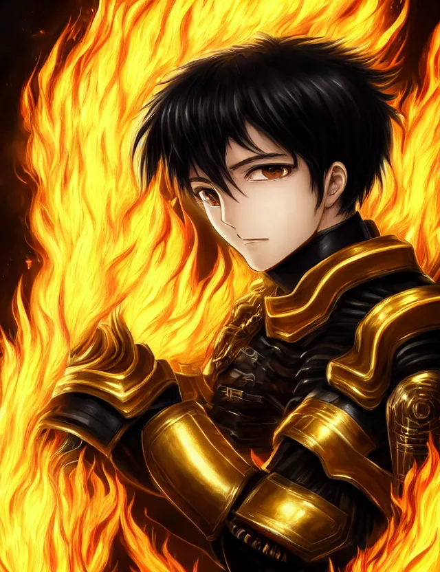 Image similar to a detailed manga portrait of a black haired man with hazel eyes in gleaming golden armour that burns with golden fire, trending on artstation, digital art, 4 k resolution, detailed, high quality, sharp focus, hq artwork, coherent, insane detail, character portrait