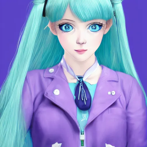 Image similar to a portrait of the young lady hatsune miku of the house lancaster, blue eyes, blue hair, porcelain skin, national portrait gallery