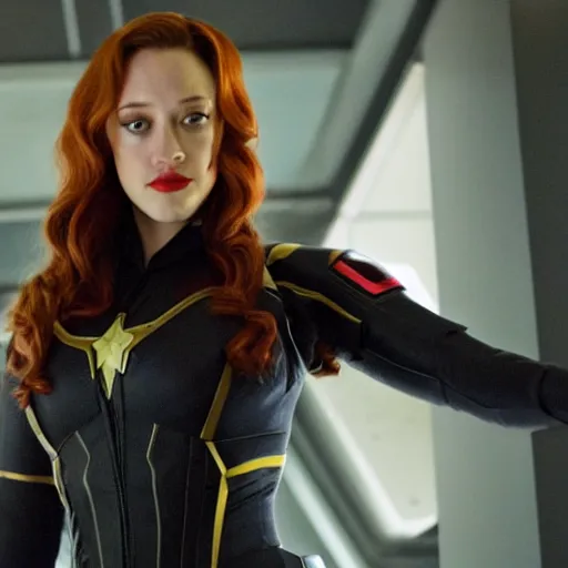 Image similar to a still of kat dennings as black widow in iron man 2 ( 2 0 1 0 ), detailed eyes