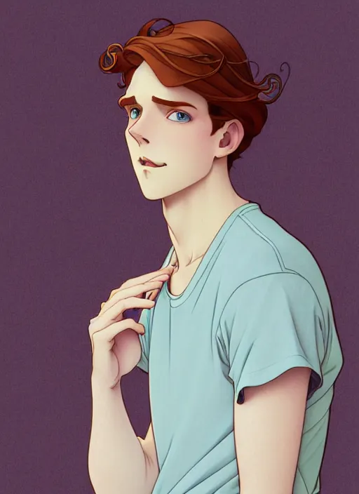 Image similar to well - lit art nouveau portrait of a young man with straight auburn hair, pale skin, freckles, light blue eyes, sad expression, casual clothes, natural lighting, path traced, highly detailed, high quality, cartoon, digital painting, by don bluth and ross tran and studio ghibli and alphonse mucha