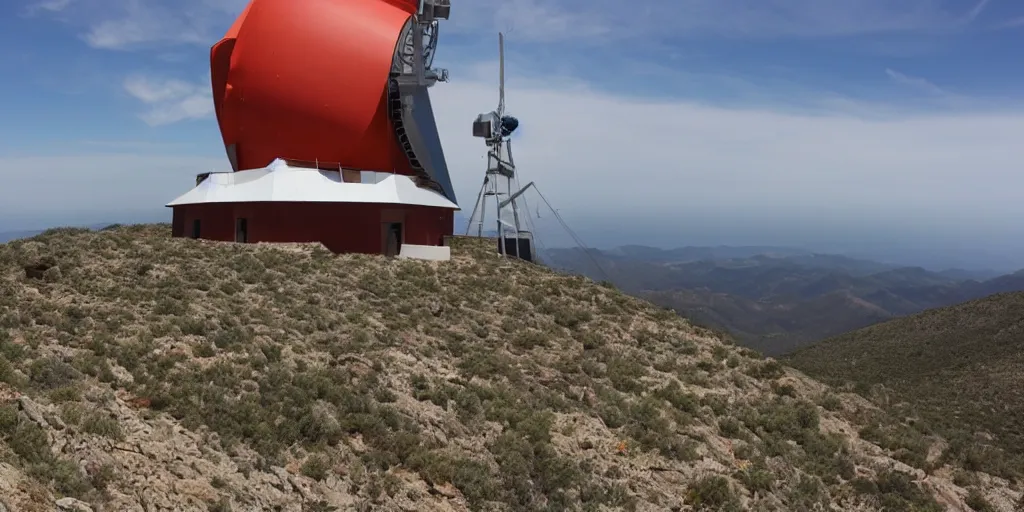 Prompt: Modern Spanish observatory of multiple telescopes scattered across the mountaintop painted by Stan Lee