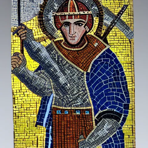 Prompt: paulo kogos as a knight, byzantine mosaic