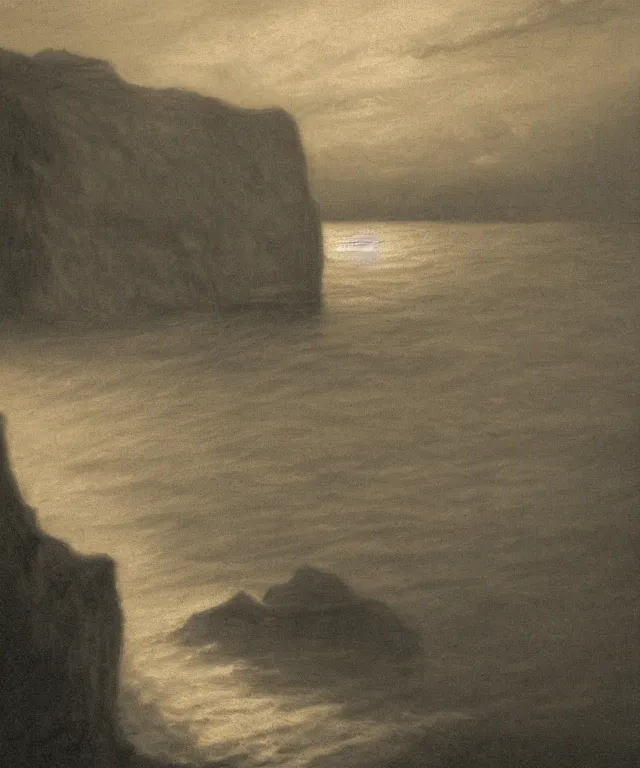 Image similar to photorealistic sepia painting of a 1 9 2 5 bay boat sailing near a jamaican cliff with the mouth of a sea cave at the waterline, dark, brooding, atmospheric, lovecraft, horror