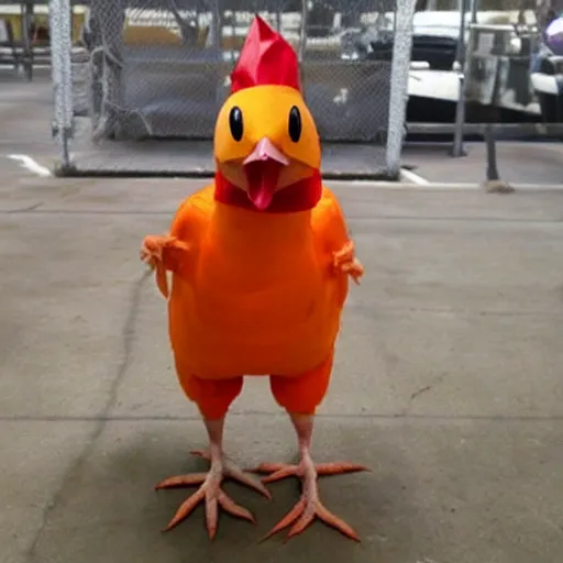 Image similar to real chicken dressed as an inmate on a jail