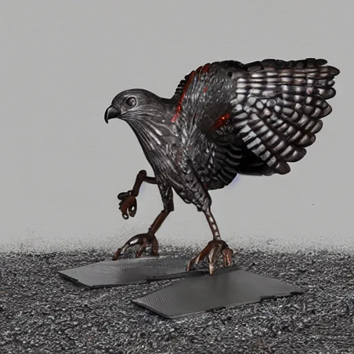 Prompt: A hawk model built from scrap metal, standing on asphalt, detailed close up photograph