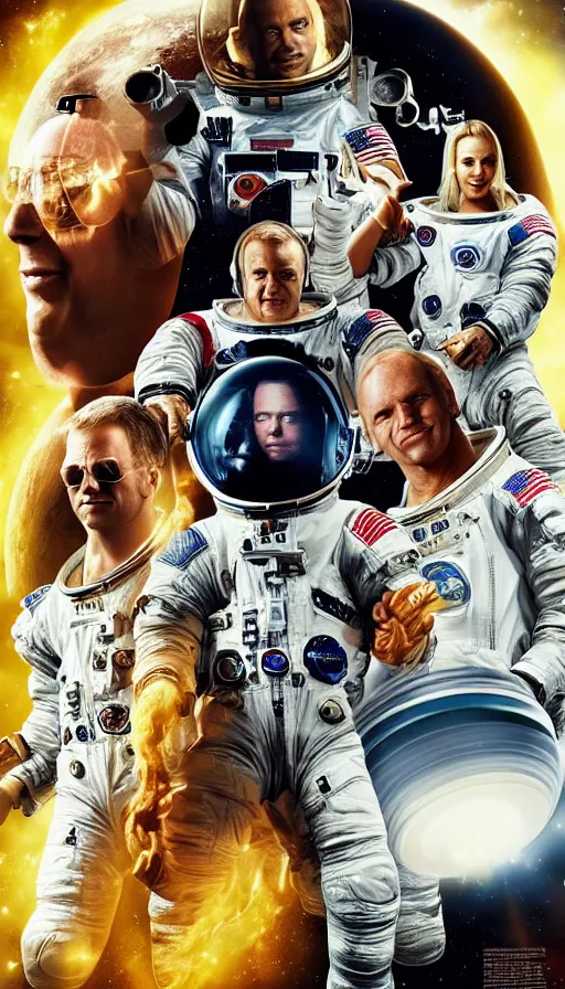 Image similar to movie poster of astronauts, saturn, highly detailed, hyper realistic, large text, fifth element style