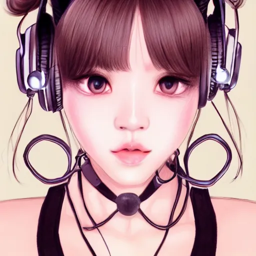 Image similar to realistic detailed semirealism beautiful gorgeous natural cute Blackpink Lalisa Manoban black hair black cat ears, wearing white camisole outfit, headphones, black leather choker artwork drawn full HD 4K high resolution quality artstyle professional artists WLOP, Aztodio, Taejune Kim, Guweiz, Pixiv, Instagram, Artstation