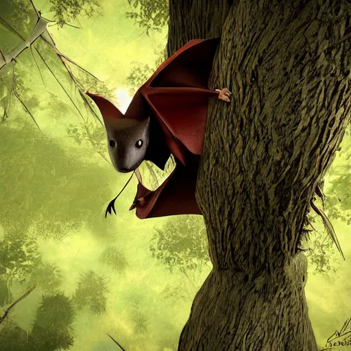 Image similar to a bat, hanging upside down from a tree ， digital art. unreal engine.
