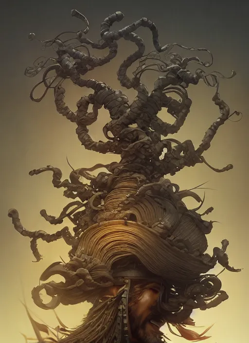 Image similar to samurai with a bonsai growing out of his head, intricate, rim light, octane render, by jesper ejsing, james jean, justin gerard, tomasz alen kopera, cgsociety and fenghua zhong, highly detailed, art, cinematic lighting, very coherent, hyper realism, high detail, 8 k