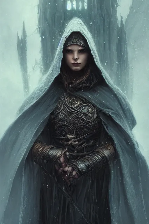 Prompt: Front portrait of hooded mage, full body, fine art, awesome fantasy book cover on Pinterest, award winning, dark fantasy landscape, fantasy magic, intricate, elegant, sharp focus, cinematic lighting, highly detailed, digital painting, concept art, art by WLOP and Artgerm and Greg Rutkowski, masterpiece, trending on artstation, 8K
