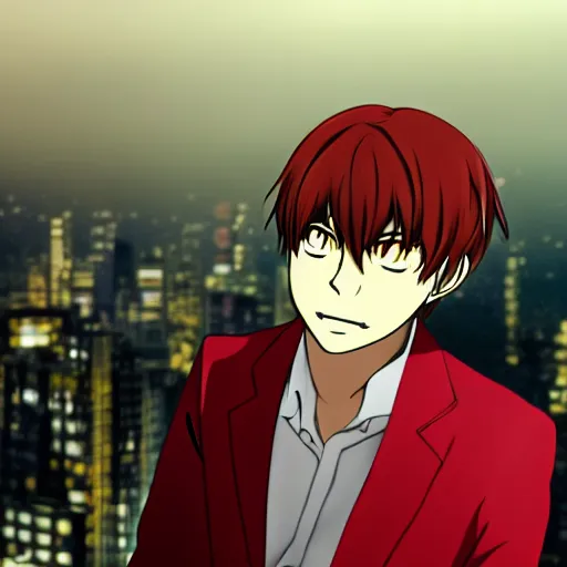 Prompt: light yagami with glowing red eyes standing on a skyscraper, anime,