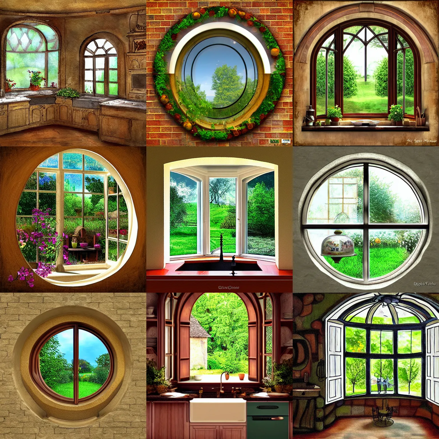 Prompt: a traditional kitchen with a circular window that allow see the garden, digital art, fantasy
