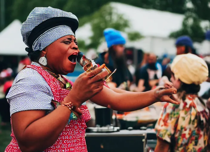 Image similar to photo still of aunt jemima in period attire at vans warped tour!!!!!!!! at age 4 0 years old 4 0 years of age!!!!!!! on stage pouring maple syrup on the crowd, 8 k, 8 5 mm f 1. 8, studio lighting, rim light, right side key light