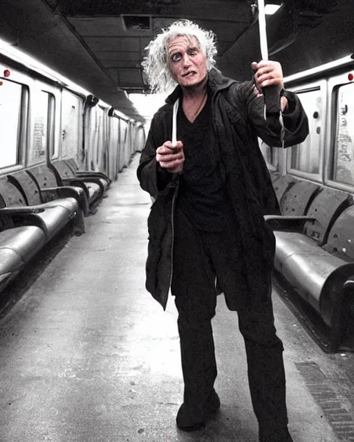 Image similar to movie villain, actor david patrick kelly, 2 5 years old, practicing with his glowing nunchucks while riding a post apocalyptic subway train filled with mutants, movie dreamscape