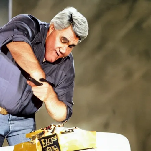 Prompt: jay leno performing a challenge in fear factor