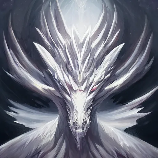 Prompt: an intense white dragon looking directly at the camera, you can see infinite galaxies in its eyes, epic award-winning artwork, trending on ArtStation