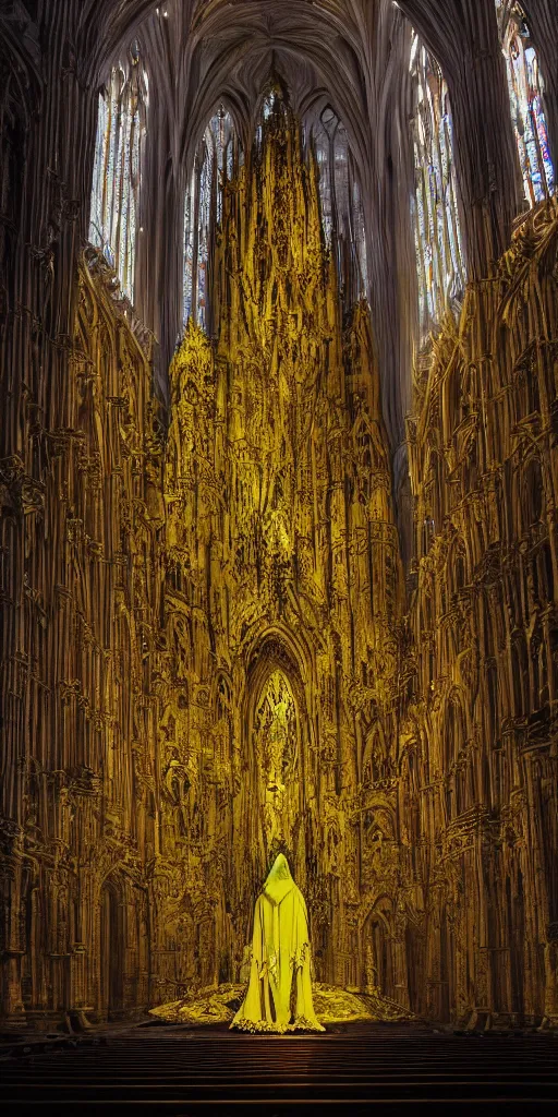 Image similar to a tall towering huge pale human wearing a yellow garment sitting upon an ornate stone throne, 4K, digital art, lovecraftian, artstation, horror, dramatic, wearing a long yellow rotting garment, dark, hyperrealistic, perspective, complex (((dark))) cathedral background with volumetric lights coming in through cathedral windows, dark background, highlights,