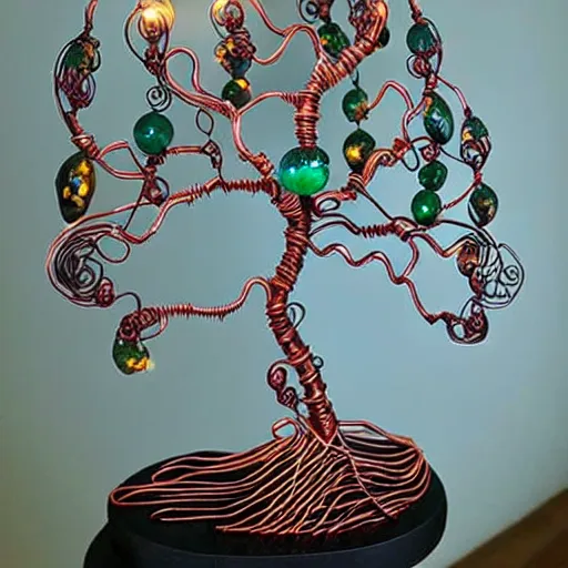 Image similar to intricate wire tree with agate accents, delicate, magnificent design, masterpiece, elaborate, dramatic lighting