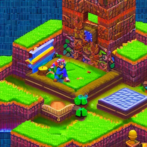 Image similar to colorful detailed screenshot from an isometric legend of zelda game