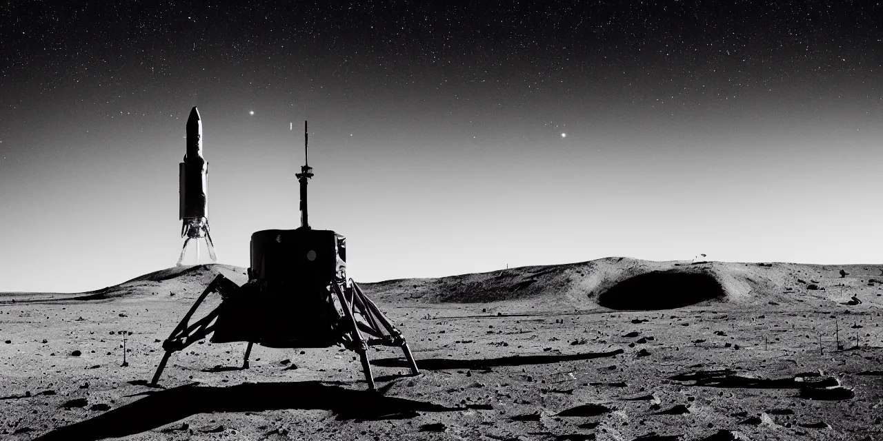 Image similar to 1 7 mm, black and white photo of a rocket landing on moon, black background with stars, cinematic film still, high contrast, astrophotography, 4 k